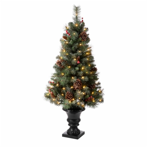Glitzhome 4 Feet Flocked Christmas Tree With 100 Warm White Light, Pinecone and Berries Perspective: front