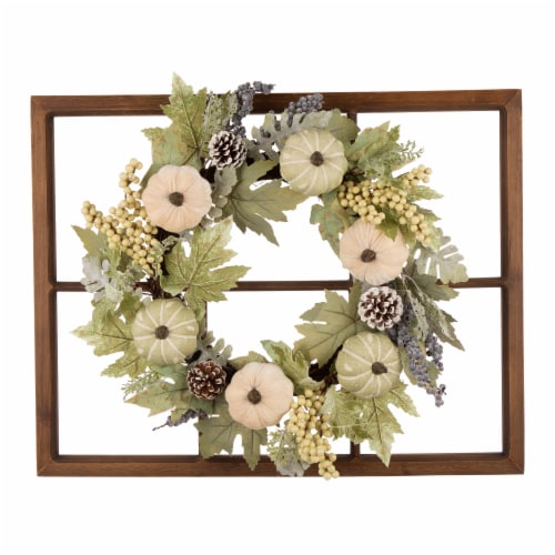 Glitzhome Wooden Fall Pumpkin Window Frame Wreath Perspective: front