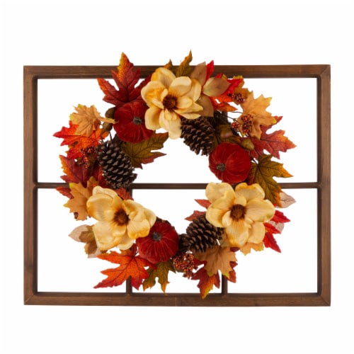 Glitzhome Blooming Magnolia Wooden Window Frame Wreath Perspective: front