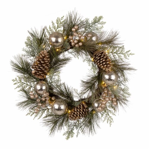 Glitzhome Pre-Lit Berry Holly & Pine Cone Silver Ornament Wreath Perspective: front