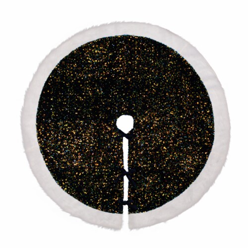 Glitzhome Sequin Christmas Tree Skirt with Faux Fur Cuff - Navy Blue/White Perspective: front