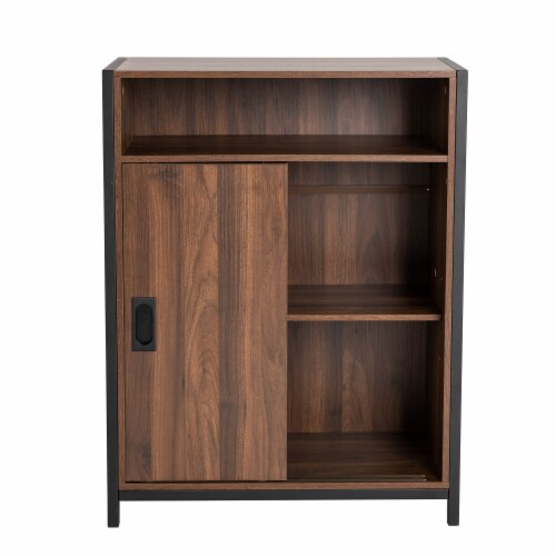 Glitzhome Wooden Metal Floor Cabinet with Double Sliding Doors - Walnut/Black Perspective: front