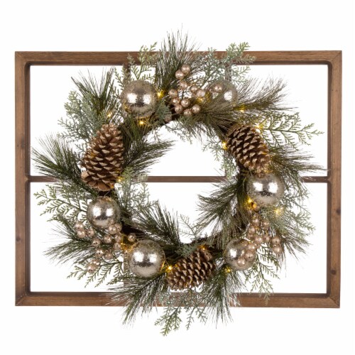 Glitzhome LED Pre-Lit Pinecone & Ornament Wreath Wooden Window Frame Perspective: front