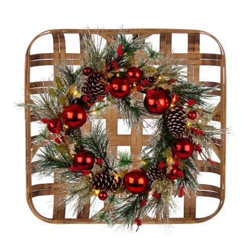 Glitzhome Wooden Window Frame & Pre-Lit LED Pinecone & Ornament Wreath Perspective: front