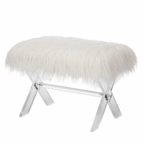 Glitzhome Faux Fur Upholstered Bench with Acrylic X-Leg - White / Clear Perspective: front