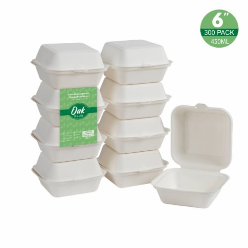 Glitzhome 6 Inch White Sugarcane Clamshell Containers, 300 Pack Perspective: front