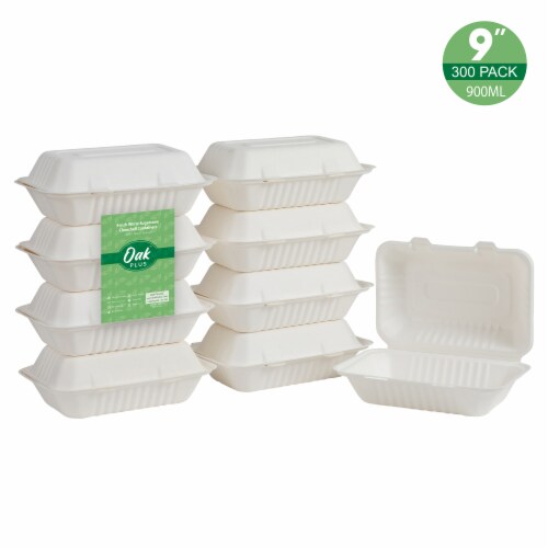 Glitzhome 9 Inch White Sugarcane Clamshell Containers, 300 Pack Perspective: front