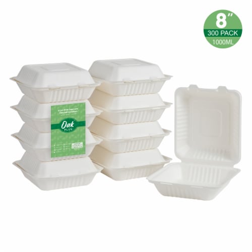 Glitzhome 8 Inch White Sugarcane Clamshell Containers, 300 Pack Perspective: front
