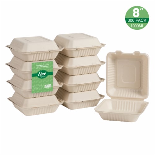 Glitzhome 8 Inch Natural Sugarcane Clamshell Containers, 300 Pack Perspective: front
