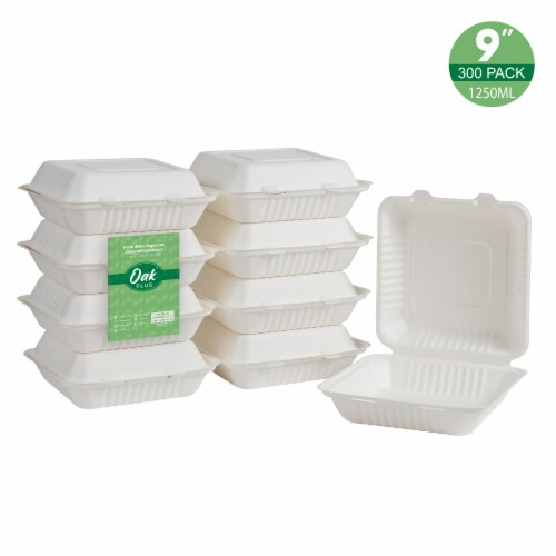 Glitzhome 9 Inch White Sugarcane Clamshell Containers, 300 Pack Perspective: front