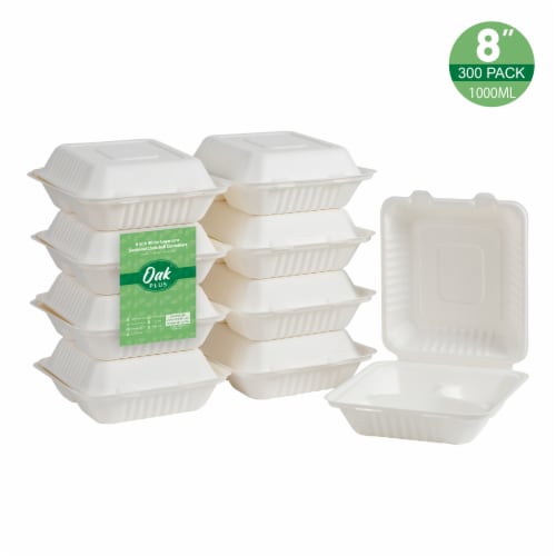 Glitzhome 8 Inch White Sugarcane Sectional Clamshell Containers, 300 Pack Perspective: front