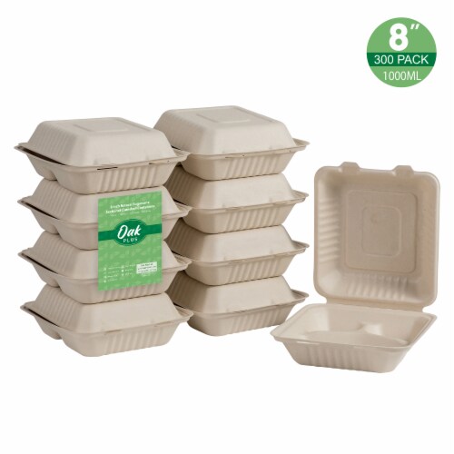 Glitzhome 8 Inch Natural Sugarcane Sectional Clamshell Containers, 300 Pack Perspective: front