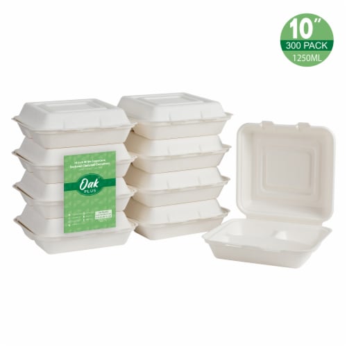 Glitzhome 10 Inch White Sugarcane Sectional Clamshell Containers, 300 Pack Perspective: front