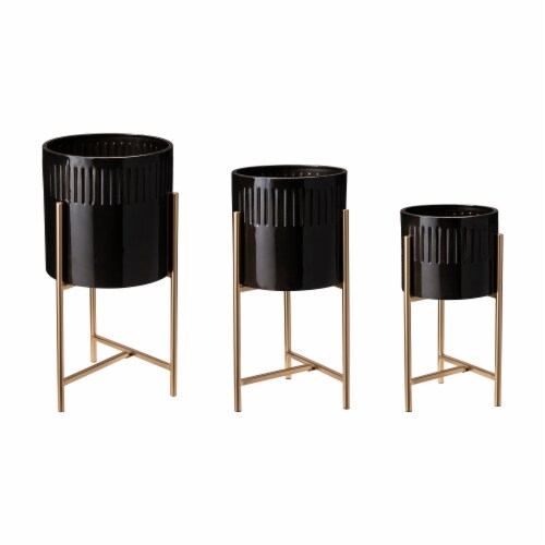 Glitzhome Modern Glossy Metal Plant Stands - Black/Gold Perspective: front