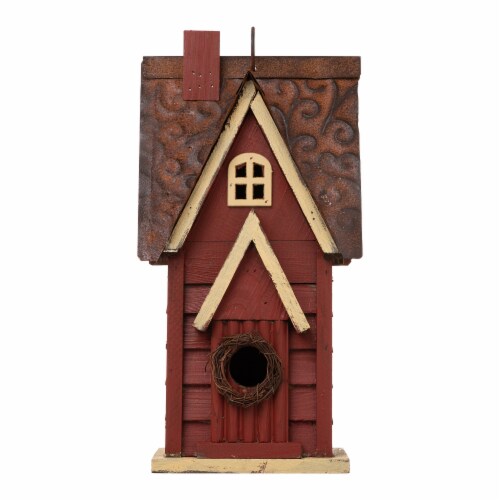 Glitzhome Hanging Distressed Wooden Cottage Birdhouse - Red Perspective: front