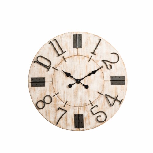 Glitzhome 31.7 Inches Large Engraved Numerals Battery Operated Clock, White Wooden Wall Clock Perspective: front