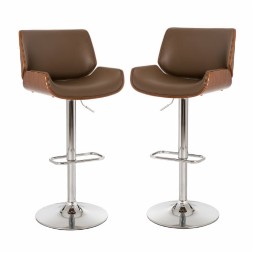 Glitzhome Set of Two Mid-century Yellowish-brown Leather Adjustable Height Swivel Bar Stool Perspective: front