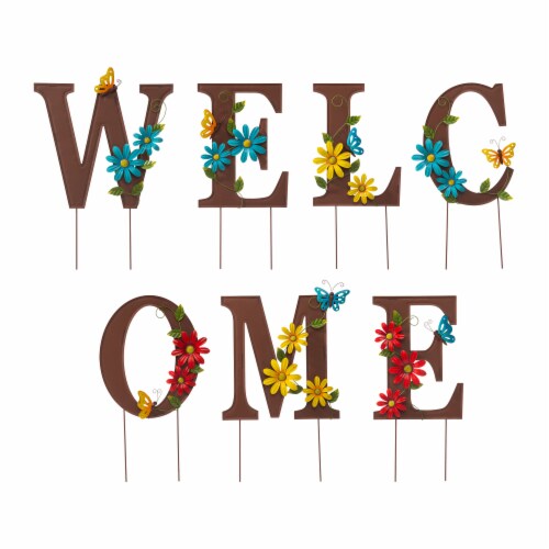 Glitzhome WELCOME with Flowers Yardstake or Wall Decor Perspective: front