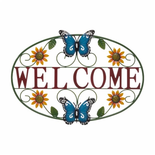 Glitzhome Metal Welcome Word Butterfly and Flowers Wall Decor Perspective: front