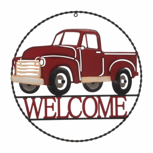 Glitzhome Rustic Metal Truck with Welcome Word Wall Decoration - Red Perspective: front