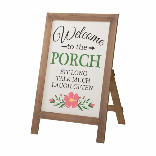 Glitzhome "Welcome to the Porch" Wood Framed Easel Porch Sign with Flowers Perspective: front