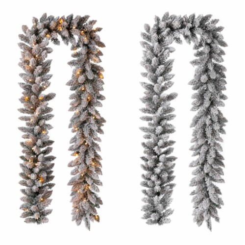 Glitzhome Two Pack 9 Feet Pre-Lit Snow Flocked Christmas Garland, with Warm White Lights Perspective: front