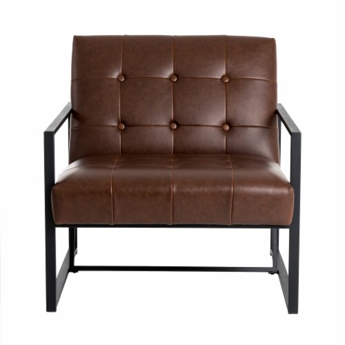 Glitzhome Button-Tufted PU Leather Arm Chair, 31.5 Inch Tall Black Metal Frame Perspective: front
