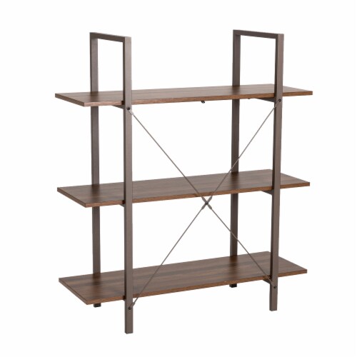 Glitzhome Modern Industry Metal/Wooden 3-Tier Bookcase & Shelves - Brown/Walnut Perspective: front
