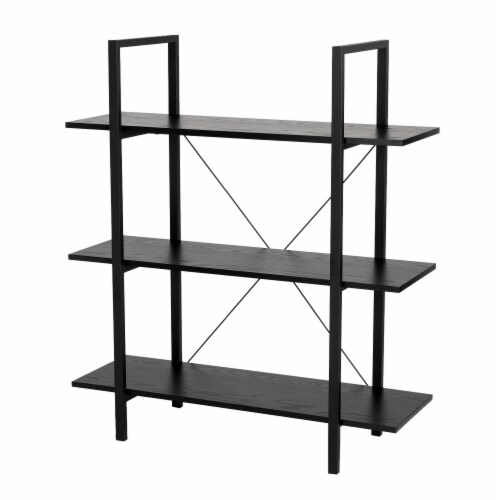 Glitzhome Modern Industry Metal/Wooden 3-Tier Bookcase & Shelves - Black Perspective: front