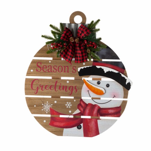 Glitzhome  Lighted Round Wooden Snowman Porch Décor Perspective: front