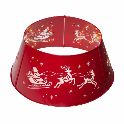 Glitzhome 26 Inch Diameter Galvanized Metal Santa on Sleigh Tree Collar with Light String Perspective: front