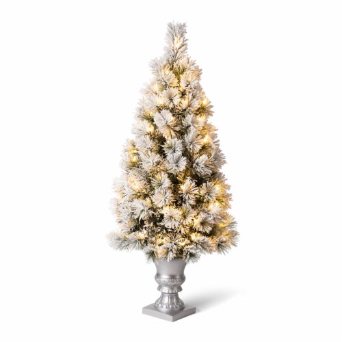 Glitzhome 4 Feet Pre-Lit Flocked Pine Faux Christmas Porch Tree with 100 Warm White Lights Perspective: front
