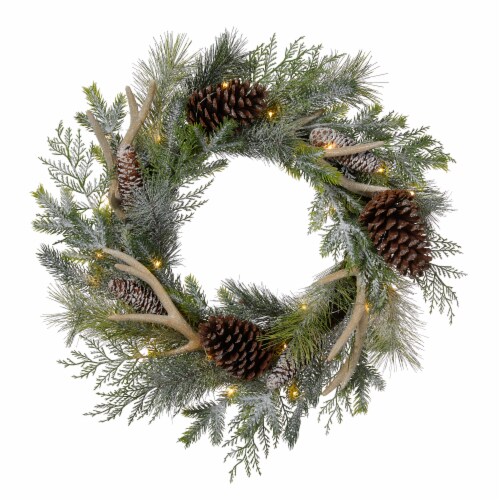 Glitzhome Flocked Pinecone & Antler Wreath with Warm White LED Lights Perspective: front