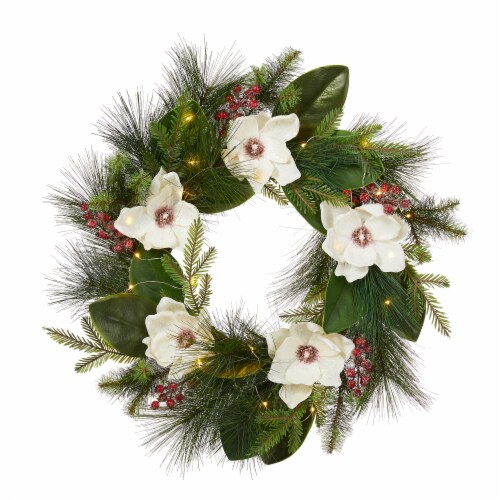 Glitzhome Iced Magnolia Berry Pine Wreath With Lights Perspective: front