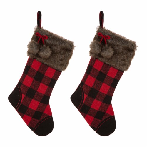 Glitzhome Two Pack 21 Inch Length Fur Black/Red Buffalo Plaid Stocking Perspective: front