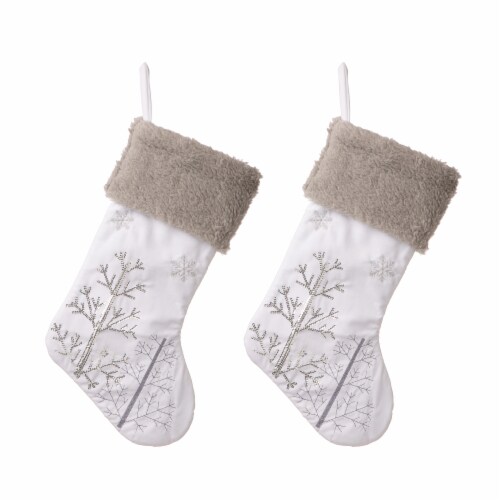 Glitzhome Two Pack 21 Inch Length White Fleece with Christmas Tree and Snowflake Stocking Perspective: front