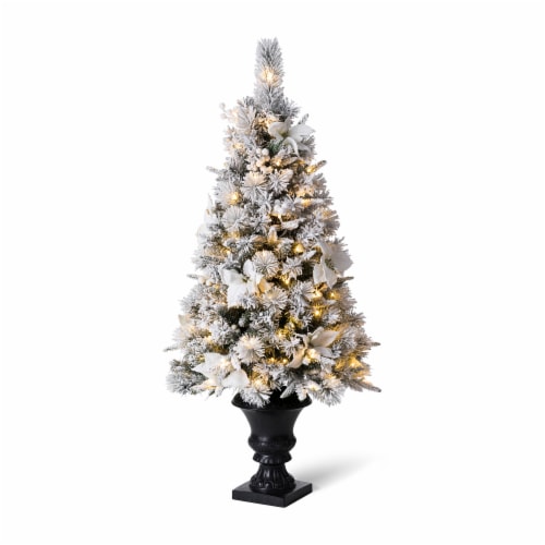 Glitzhome 4 Feet Flocked Pine Poinsettia Faux Christmas Porch Tree with 100 Warm White Lights Perspective: front