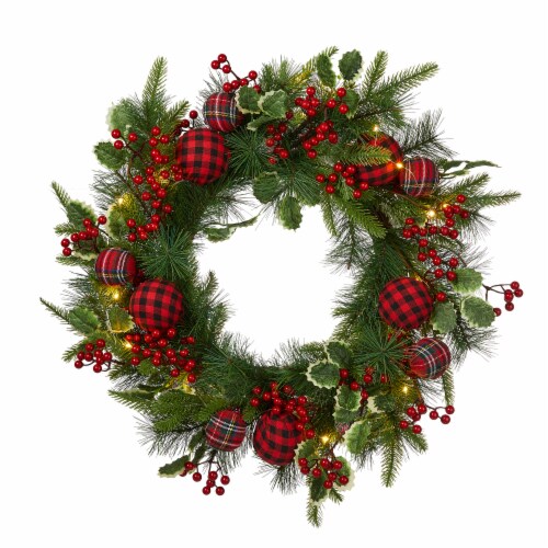 Glitzhome 24 Inch Diameter Ornament Berry Holly Pine Wreath With Lights Perspective: front