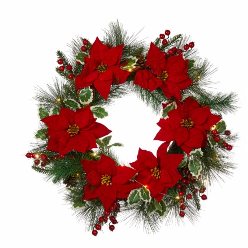 Glitzhome Poinsettia Pinecone Wreath with Lights Perspective: front