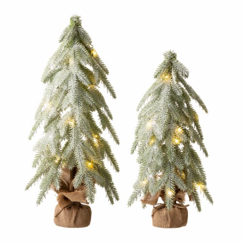 Glitzhome Set of Two Lighted Frosted Table Tree Perspective: front