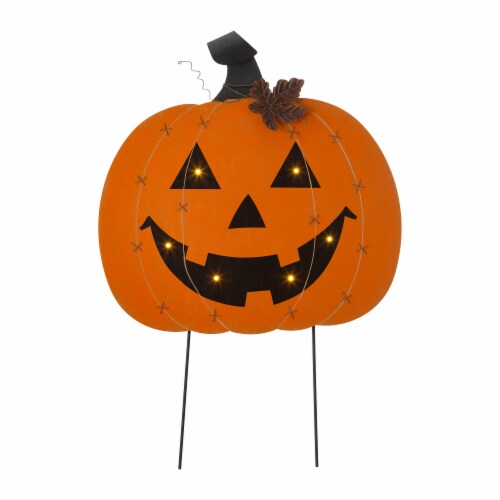 Glitzhome 31.75 Inch Tall Halloween Wooden&Metal Pumpkin Stake or Wall Decor Perspective: front