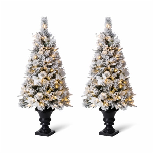 Glitzhome Set of Two 4 Feet Pre-Lit Pine Faux Christmas Porch Tree with 100 Warm White Lights Perspective: front