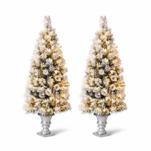 Glitzhome Two Pack 5 Feet Flocked Pine Faux Christmas Porch Tree with 150 Warm White Lights Perspective: front