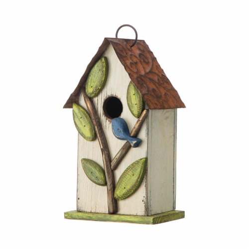 Glitzhome 9.75 Washed White Bird House with 3D Tree and Bird Perspective: front
