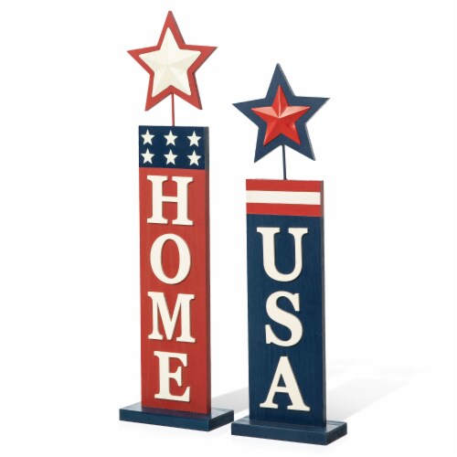 Glitzhome Set of 2 Wooden Patriotic/Americana Firecracker Table Sign Perspective: front