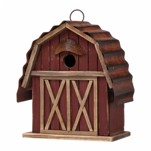 Glitzhome 10.25 H Wood Barn Bird House Hand Painted Hanging Distressed Garden Decor Perspective: front