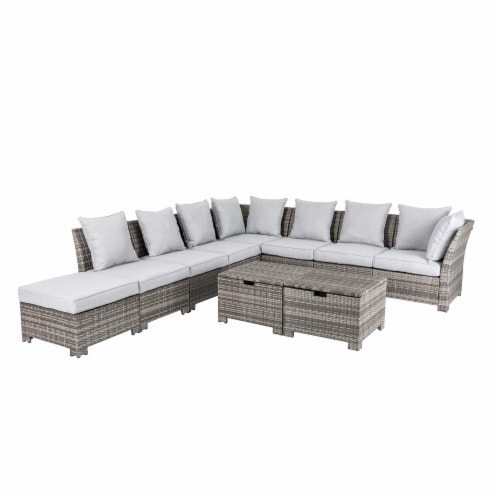 Glitzhome 10 Piece Patio Furniture Set All Weather Gray Wicker Sectional Sofa and Table 10Pcs Set QFC