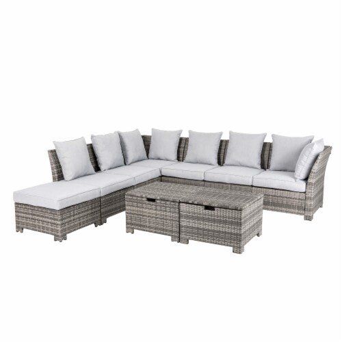 Glitzhome 9-Piece Patio Furniture Set All-Weather Gray Wicker Sectional Sofa and Table Perspective: front