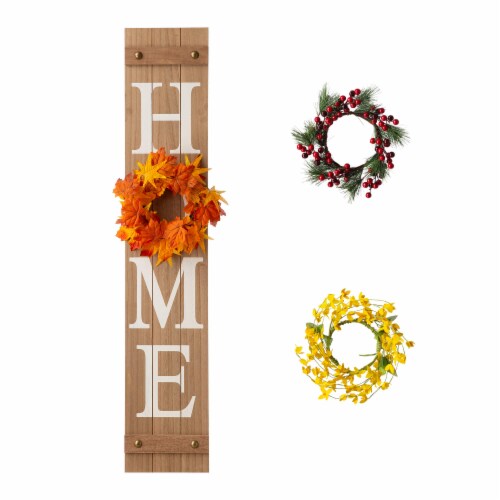 Glitzhome 8 Inch x 42 Inch Tall Wooden Home Porch Sign with 3 Changeable Wreaths - Natural Perspective: front