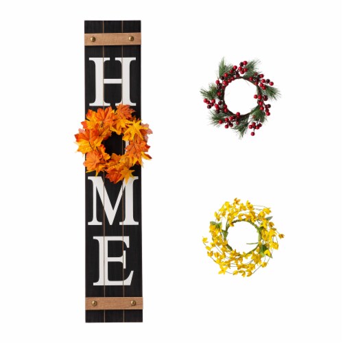 Glitzhome 8 Inch x 42 Inch Tall Wooden Home Porch Sign with 3 Changeable Wreaths - Black Perspective: front